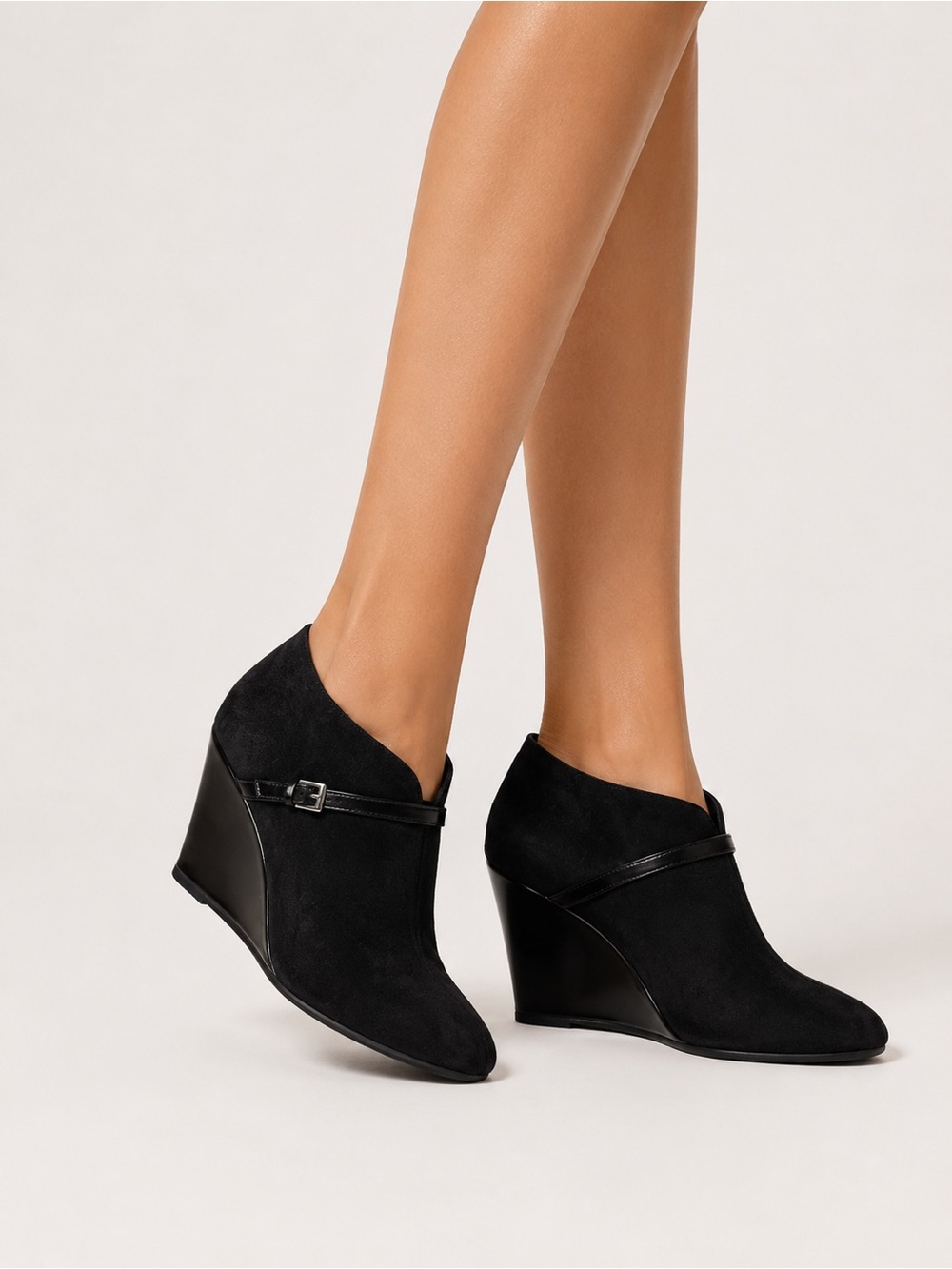 Anne Klein Black Faux Suede Wedge Booties Size 7M Buckle Detail